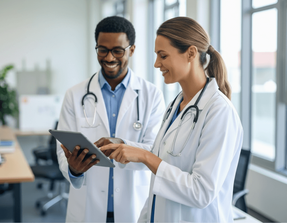 agilidade-atendimento-saude-privada-clinicas-hospitais Fotografia de dois médicos, um homem e uma mulher, sorrindo enquanto analisam informações em um tablet, representando a agilidade no atendimento e o ganho de tempo para focar no cuidado aos pacientes.