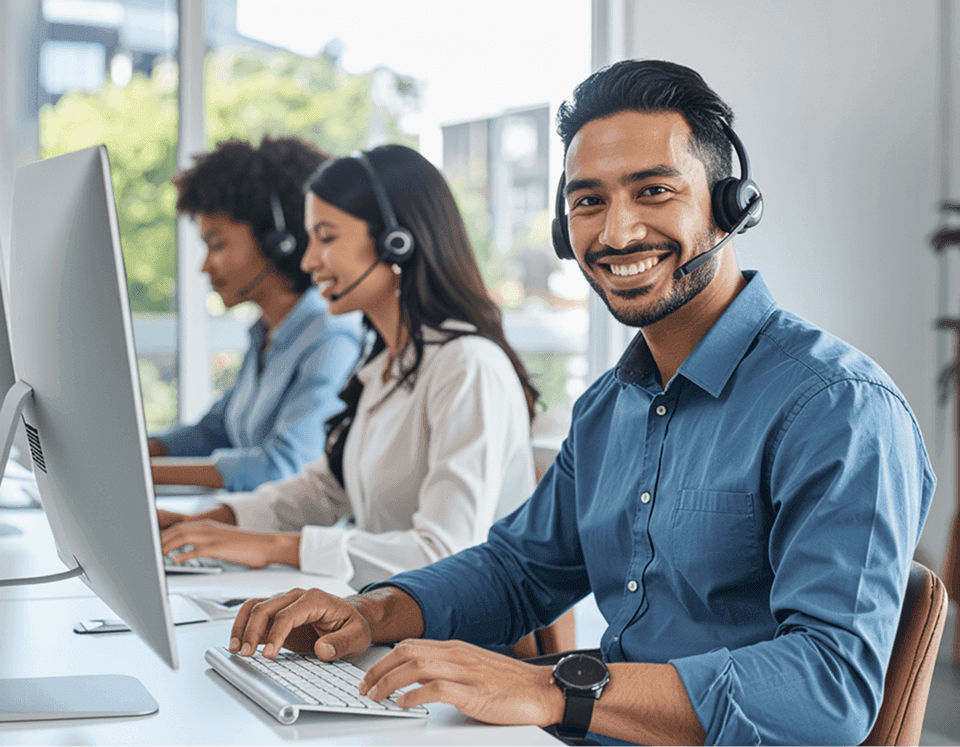 alta-demanda-atendimento-contact-center-equipe Fotografia de um atendente de contact center sorrindo e utilizando headset, com sua equipe trabalhando ao fundo, representando uma operação preparada e integrada para lidar com alta demanda de interações.