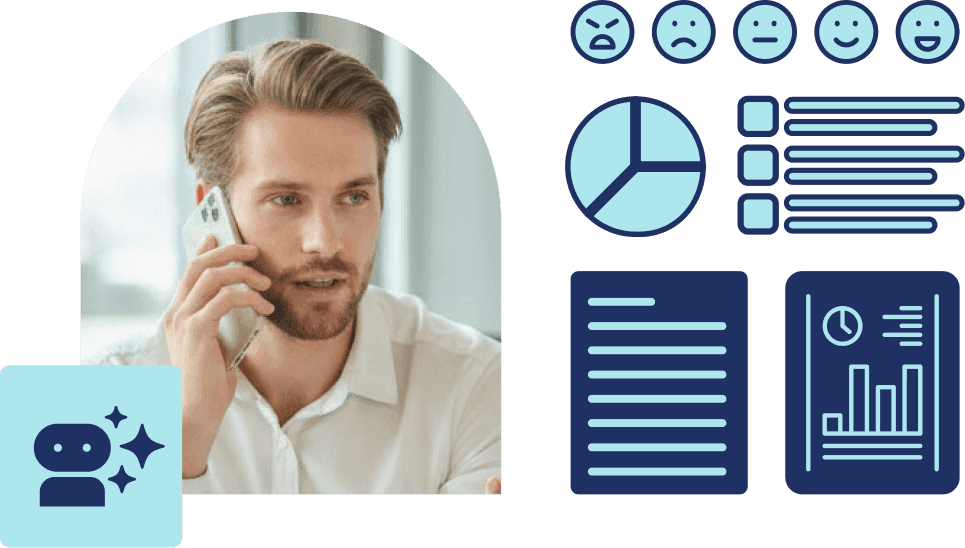 analise-comportamento-inteligencia-artificial-tactium-analytics Homem em atendimento telefônico acompanhado de ícones de inteligência artificial, análise de sentimento do cliente e relatórios textuais, representando a transcrição e a análise comportamental rica dos dados.