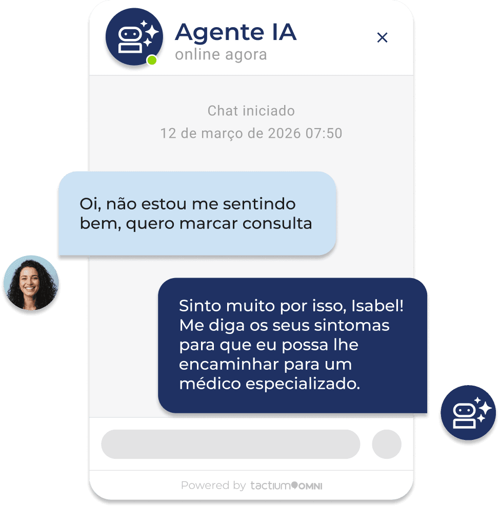 automacao-atendimento-ia-saude-publica-consultas Interface de chat simulando o atendimento a uma cidadã que interage com um Agente de Inteligência Artificial para agendar uma consulta médica, ilustrando a automação para reduzir filas nos órgãos públicos.