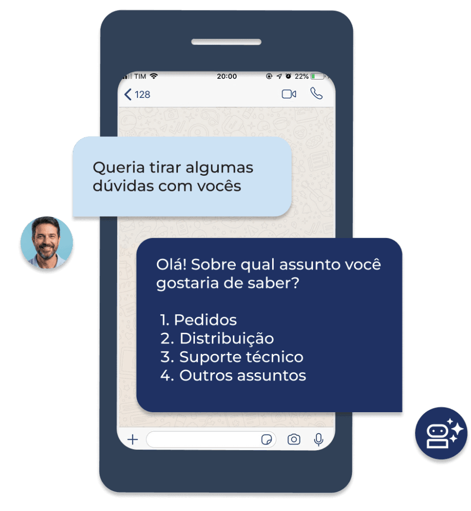 automacao-atendimento-industria-pedidos-distribuicao Interface de um smartphone exibindo um chatbot de atendimento que oferece opções rápidas para pedidos, distribuição e suporte técnico, ilustrando a automação para reduzir falhas de comunicação na indústria.