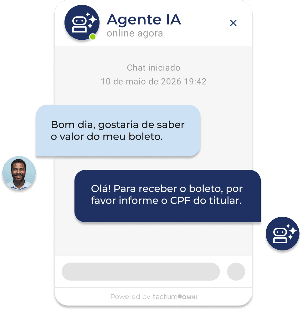 automacao-ia-atendimento-financeiro-boletos-cobranca Interface de chat simulando o atendimento a um cliente que solicita o valor do boleto e interage com um Agente de Inteligência Artificial, ilustrando a automação, organização e previsibilidade nas operações financeiras.