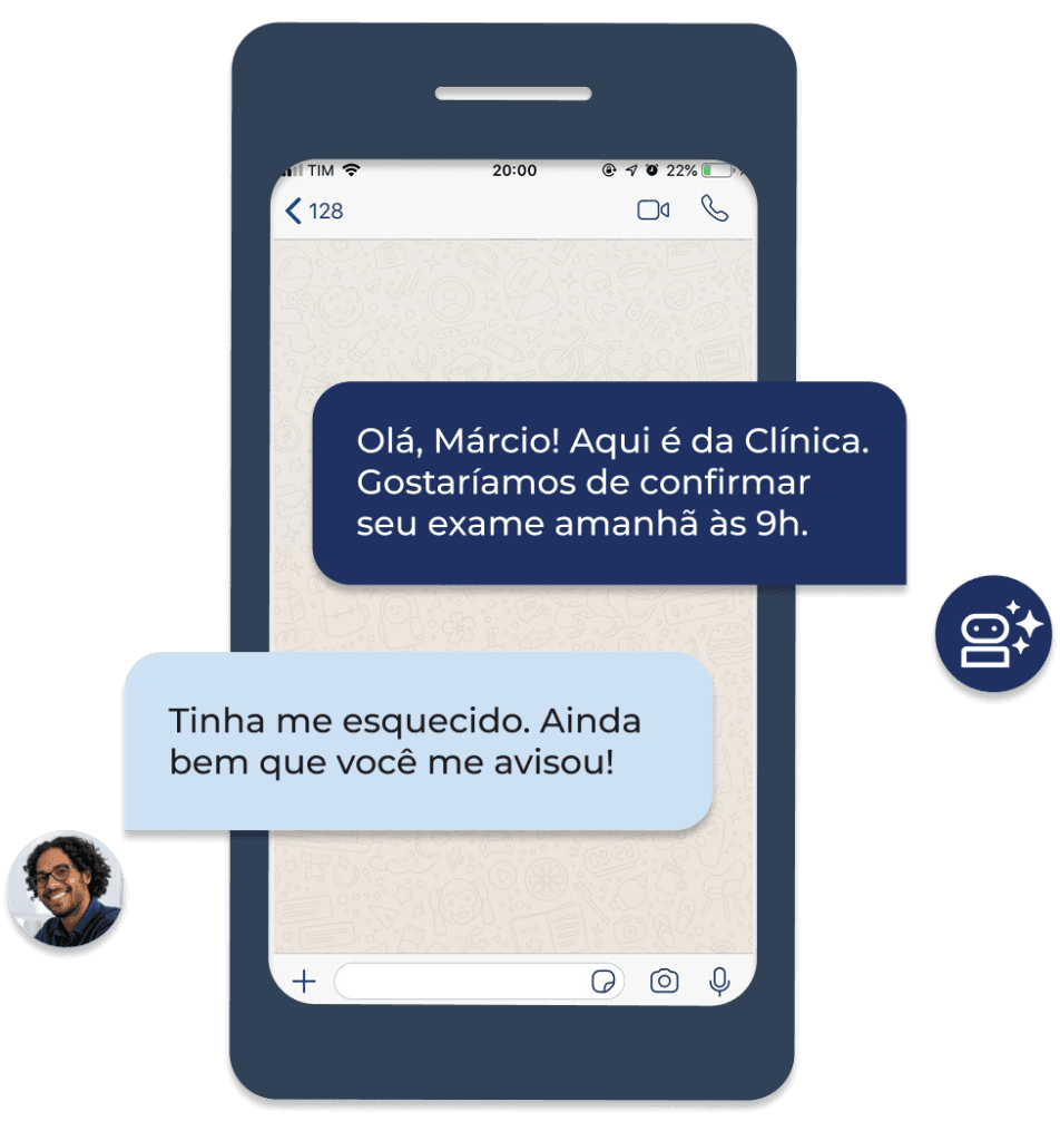 automacao-ia-confirmacao-exames-agendamento-consultas Interface de um smartphone exibindo uma conversa por aplicativo de mensagens onde a inteligência artificial da clínica confirma o agendamento de um exame, ilustrando a automação para reduzir filas e melhorar a experiência do paciente.