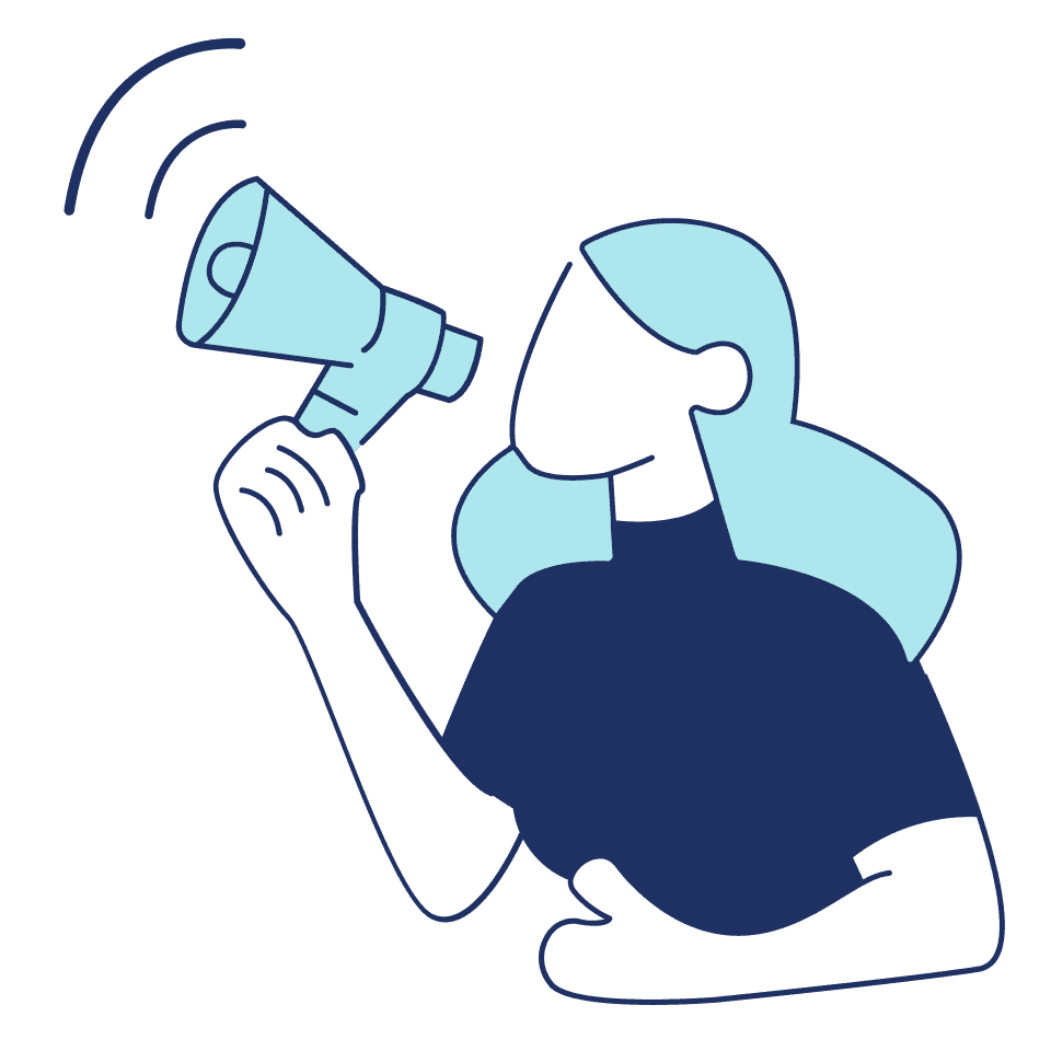 Ilustração vetorial de uma mulher segurando um megafone, simbolizando operações de contato proativo, alcance de grande volume e campanhas ativas estruturadas.