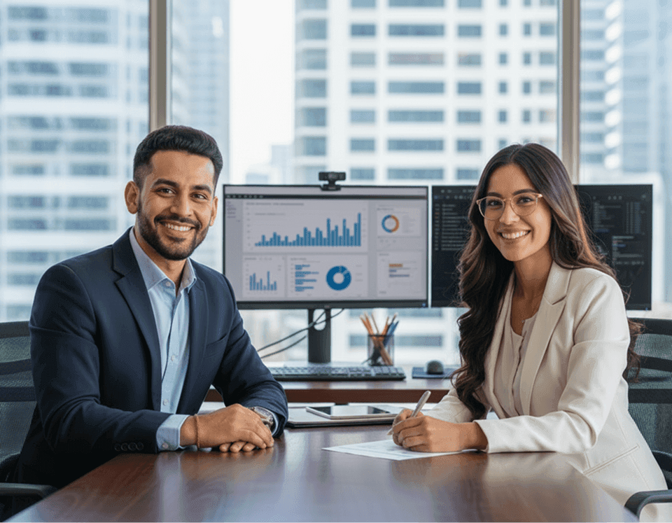 controle-operacao-instituicoes-financeiras-atendimento Fotografia de dois profissionais financeiros (um homem e uma mulher) sorrindo em uma mesa de escritório, com monitores exibindo dashboards de dados ao fundo, representando o controle e a redução de retrabalho na operação.