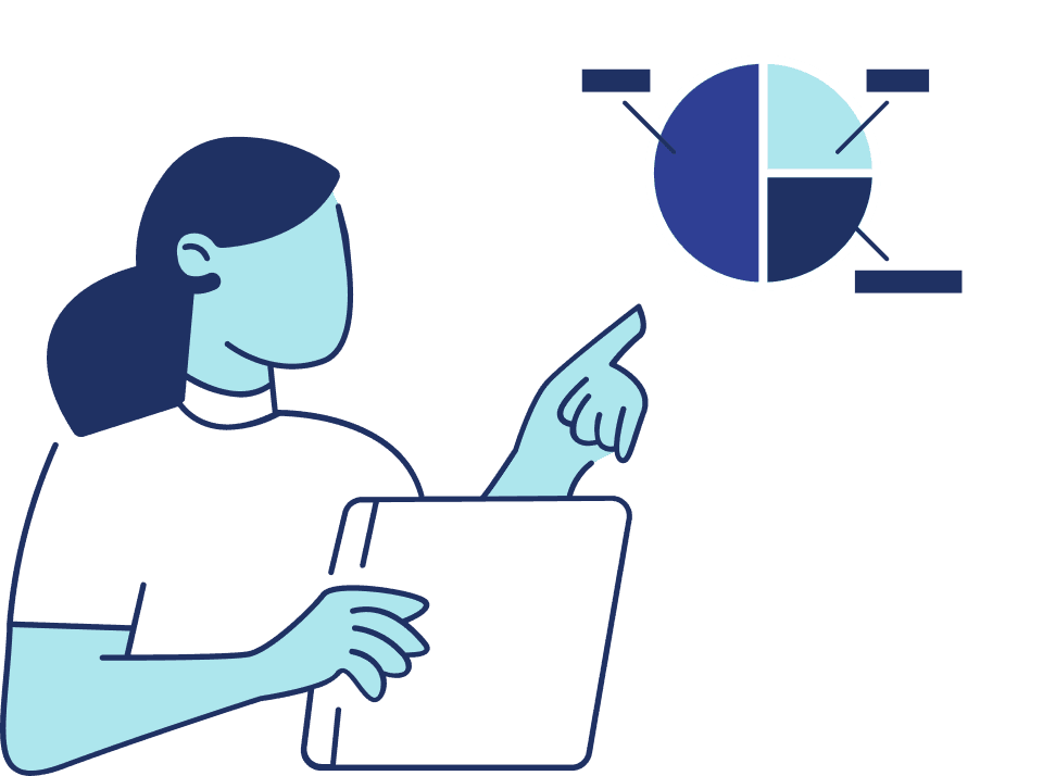 crm-analitico-dados-inteligencia-decisao Ilustração minimalista de uma mulher analisando um gráfico de pizza segmentado, simbolizando o poder do CRM analítico e da inteligência aplicada aos dados para a tomada de decisão.
