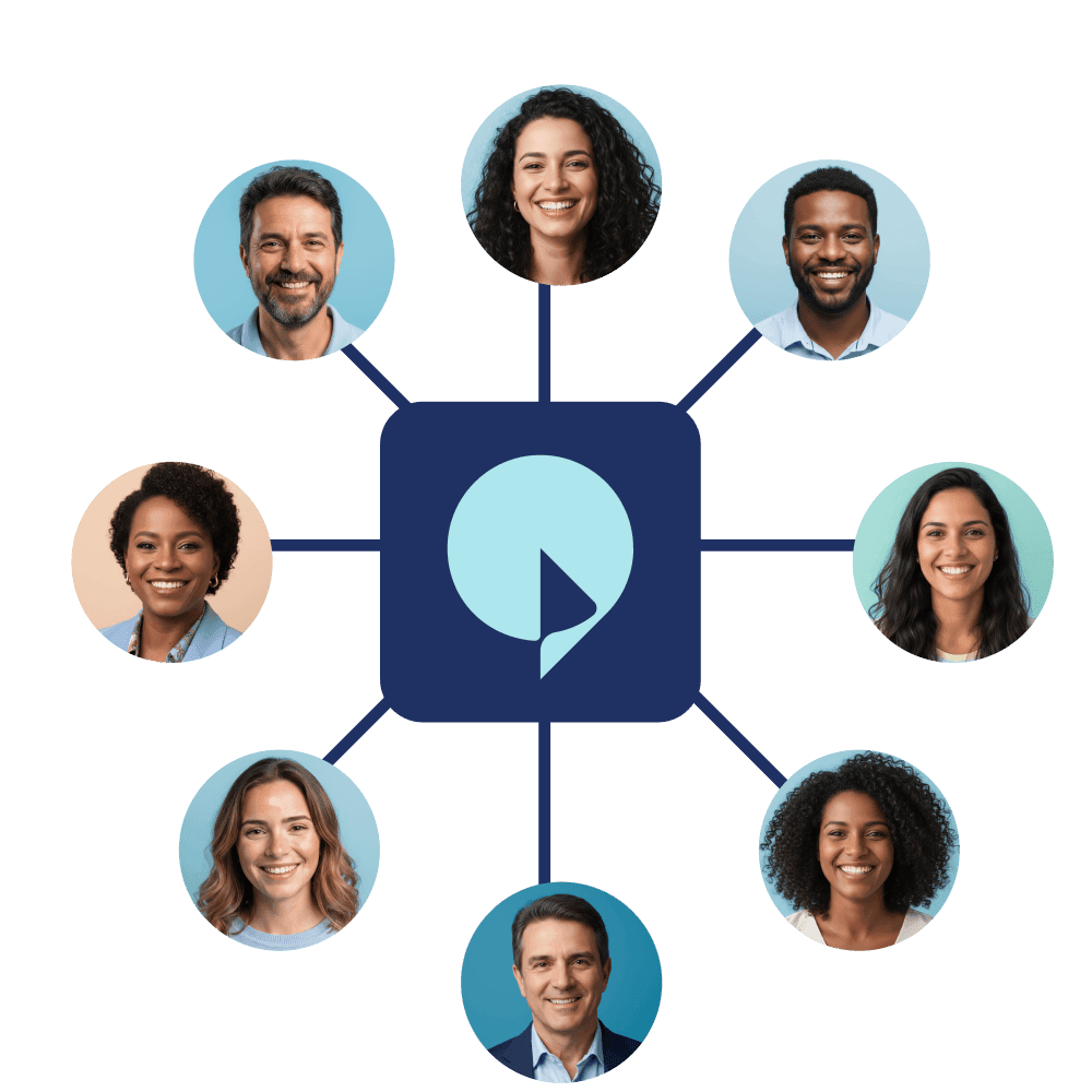 demonstracao-pratica-gestao-relacionamento-pratica-fidelizacao-clientes-crm Diagrama de rede centralizado no logotipo da Tactium, interligado a diversos rostos de clientes felizes, ilustrando a abrangência da plataforma e a melhoria na qualidade do atendimento para gerar fidelização.