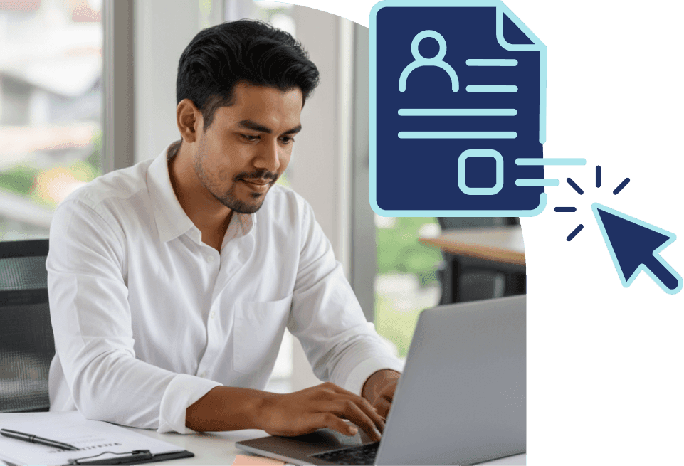 demonstracao-pratica-tactium-omni-ambiente-unificado Homem focado trabalhando em seu notebook, acompanhado de um ícone digital de perfil de cliente e um cursor, ilustrando a organização de todas as interações do cliente em um único ambiente.