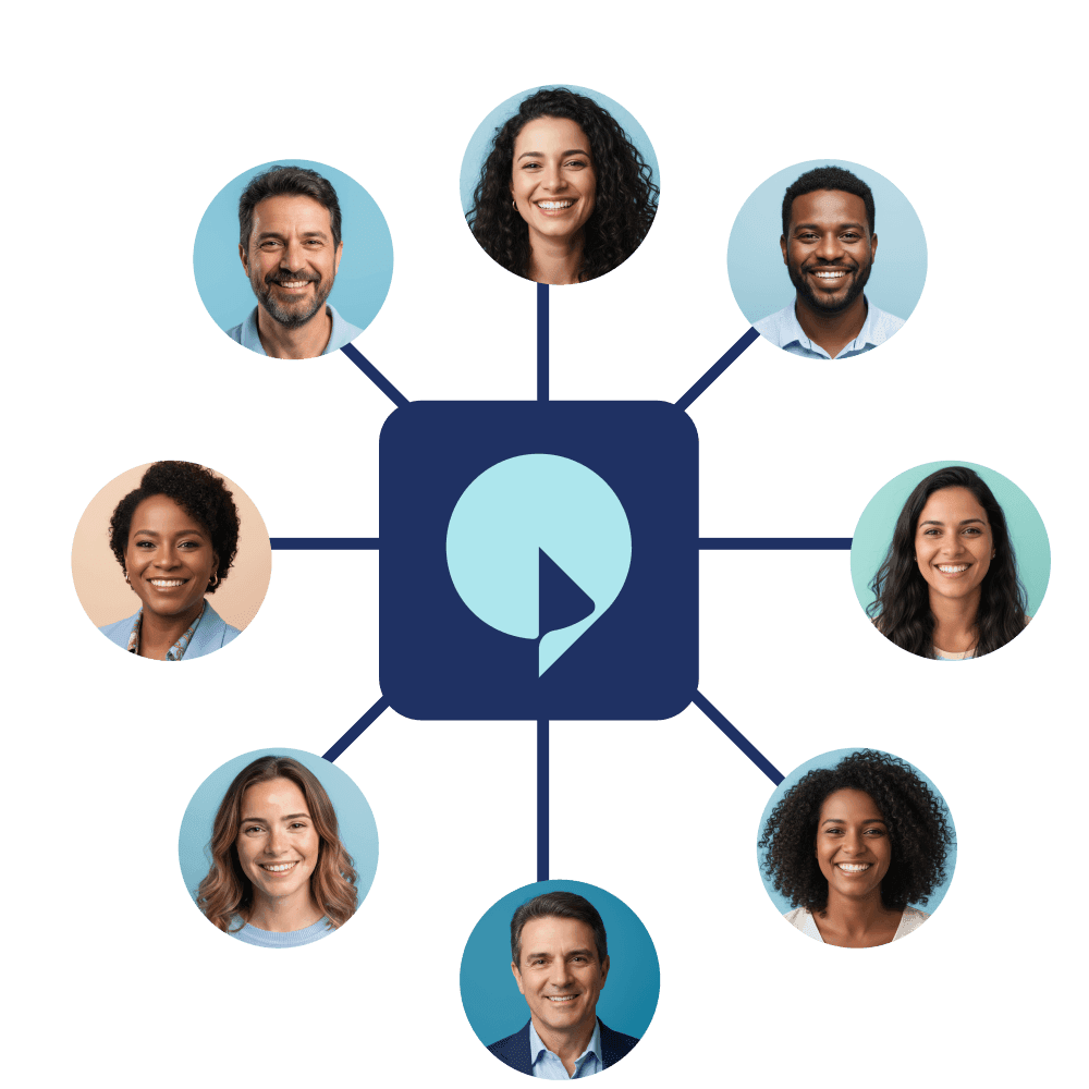 Logotipo da plataforma Tactium no centro, interligado a diversos rostos de clientes sorrindo, ilustrando a gestão de alto volume e a distribuição inteligente de chamadas para aumentar a produtividade.