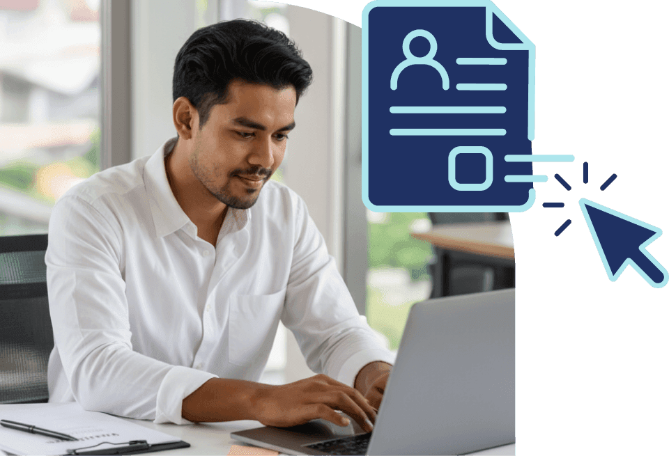 flexibilidade-configuracao-crm-no-code-tactium Homem trabalhando em um notebook ao lado de uma ilustração de formulário digital interativo com um cursor de mouse, representando a flexibilidade de configurar o CRM de forma autônoma.