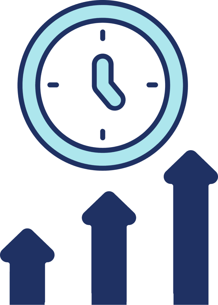 gestao-forca-trabalho-wfm-alocacao-time-dimens Ícone minimalista de um relógio posicionado acima de setas de crescimento, simbolizando a gestão e o engajamento da força de trabalho (WFM) para a alocação inteligente do time e otimização de custos.