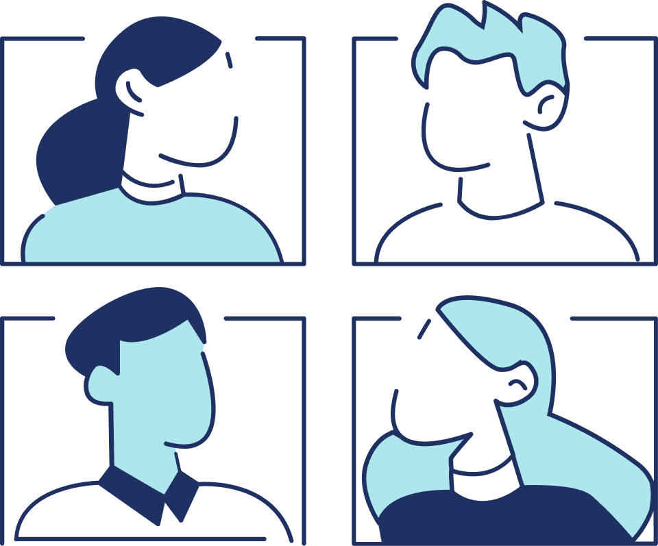 ilustracao-indicacao-crm-volume-interacoes-clientes Ilustração minimalista mostrando quatro avatares de pessoas diferentes organizados em quadros, representando o gerenciamento de um grande volume de interações e a necessidade de organizar solicitações de clientes e cidadãos.