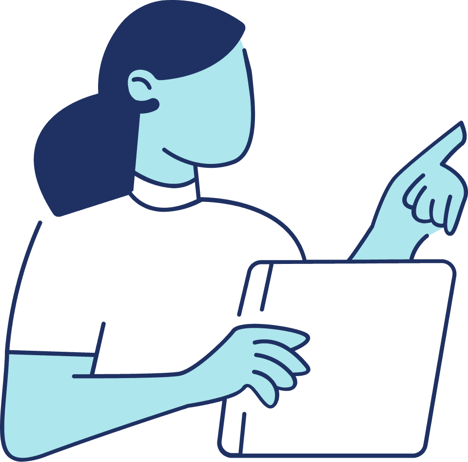 ilustracao-indicacao-omnichannel-multiplos-canais Ilustração minimalista em tons de azul mostrando uma mulher com uma prancheta digital, indicando a solução para empresas que lidam com grande volume de interações e múltiplos canais.