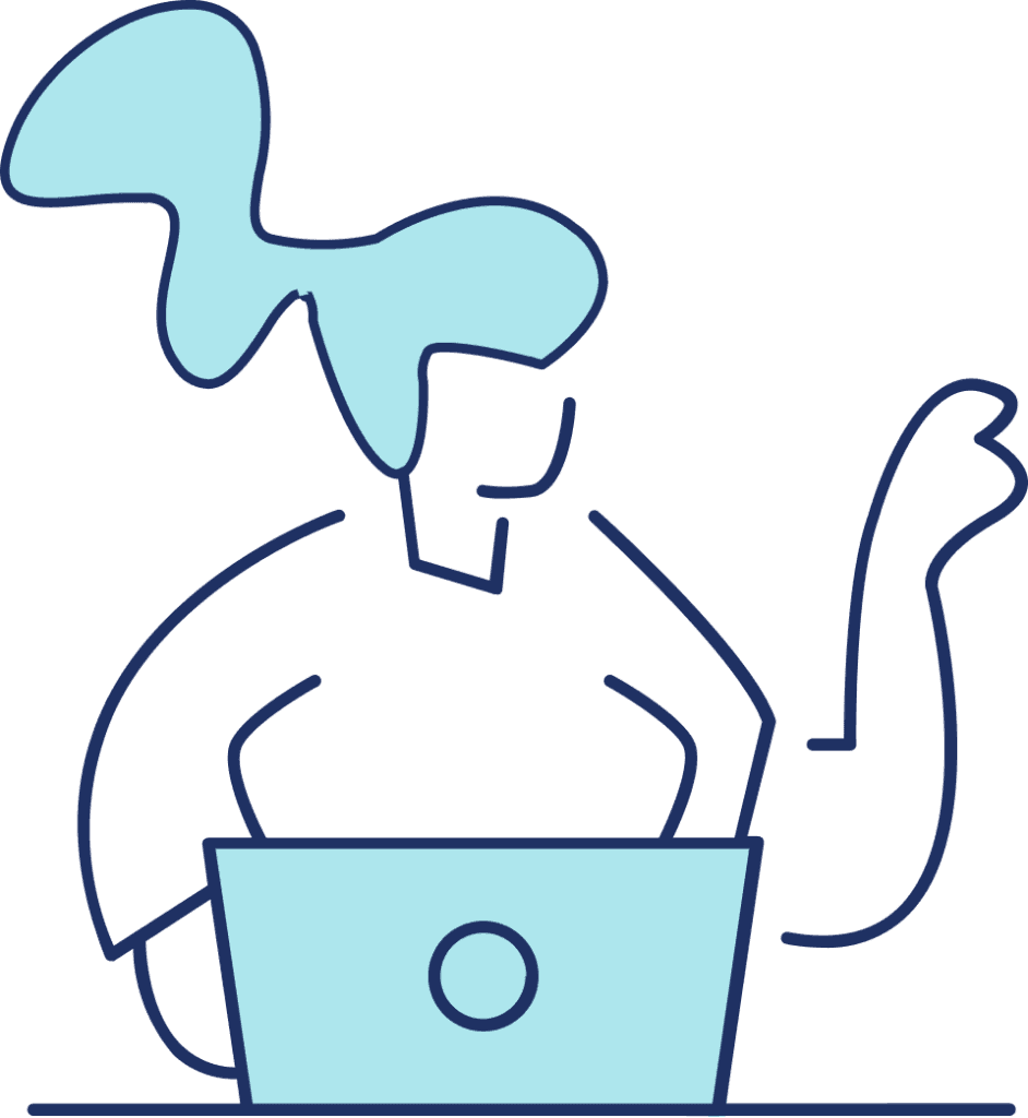 ilustracao-indicacao-tactium-bot-volume-atendimento Ilustração em traços minimalistas de uma pessoa trabalhando concentrada em um notebook, representando empresas que recebem um grande volume de solicitações repetitivas e precisam integrar automação aos canais.