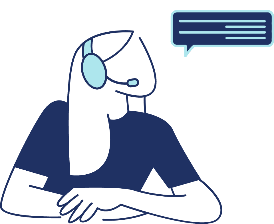 ilustracao-operadora-telefonia-campanhas-ativas Ilustração minimalista de uma operadora de telemarketing com headset observando um balão de diálogo, indicando a solução para empresas com alto volume de chamadas receptivas e campanhas ativas.