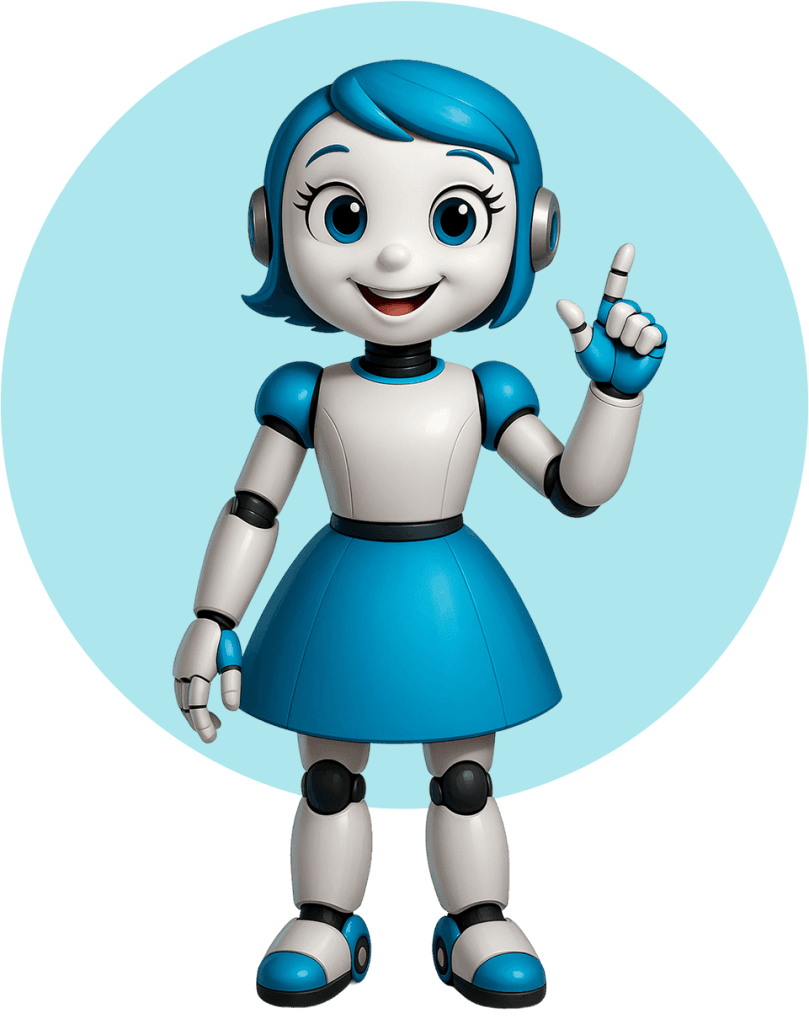 mascote-beneficios-automacao-tactium-bot-ia Mascote 3D da Tactium em formato de robô apontando para as soluções do Tactium Bot, destacando benefícios como o atendimento imediato 24 horas por dia e a redução de sobrecarga da equipe humana.