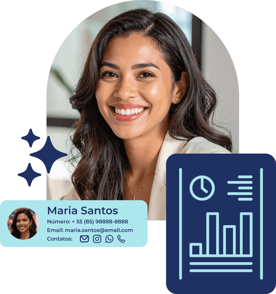 plataforma-gestao-jornada-cliente-pontos-contato Fotografia de uma mulher sorrindo ao lado de um cartão de perfil de cliente e um ícone de painel de dados, representando a conexão de todos os pontos de contato em uma única plataforma.