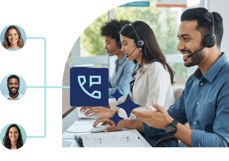 Fotografia de um atendente de contact center utilizando headset, interligado visualmente a avatares de clientes e um ícone de telefone, representando a distribuição inteligente de chamadas da plataforma de voz.