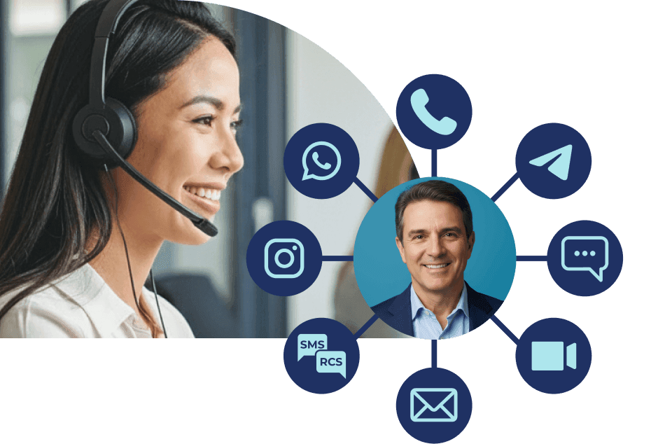 visao-360-interacoes-cliente-crm-omnichannel Atendente de suporte com headset ao lado do perfil de um cliente conectado a múltiplos canais de comunicação, ilustrando a visão 360 graus das interações centralizadas no CRM.