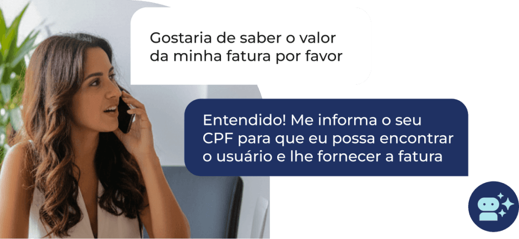 Mulher conversando ao telefone com balões de diálogo que demonstram um voicebot inteligente compreendendo o pedido da fatura e solicitando o CPF para a resolução automática sem uso de menus tradicionais.