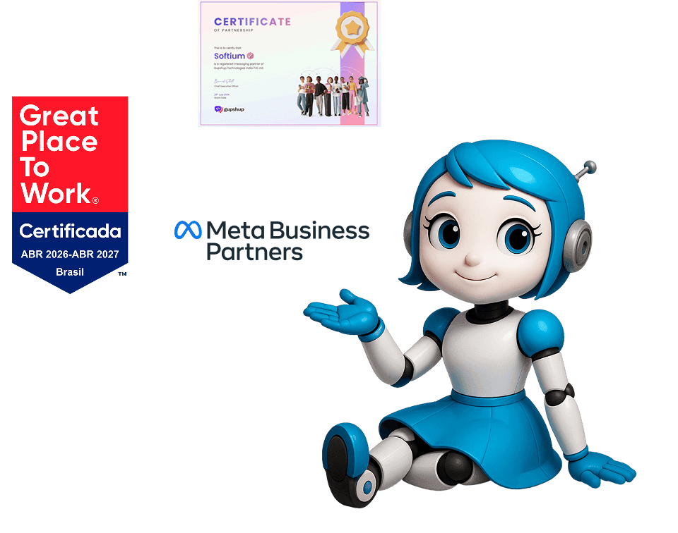 certificacoes-parcerias-gptw-meta-mascote-tactium Mascote 3D da Tactium sentada de forma amigável ao lado dos prestigiados selos de certificação Great Place to Work (GPTW) e Meta Business Partners, representando excelência no ambiente de trabalho e parcerias tecnológicas sólidas.
