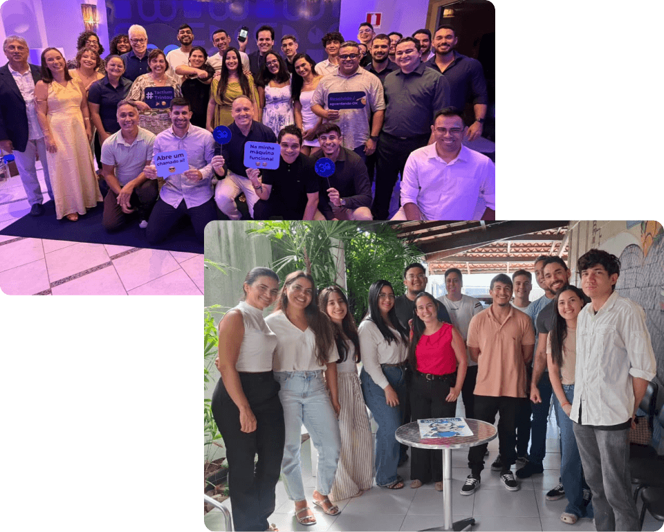 equipe-tactium-cultura-colaborativa-poder-conexao Montagem com duas fotografias da equipe da Tactium reunida e sorridente em eventos corporativos, representando a cultura colaborativa, curiosa e focada em aproximar pessoas.